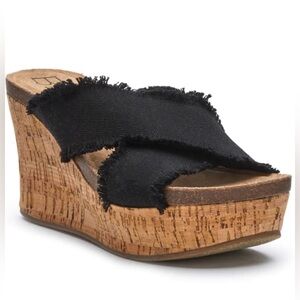 Black Frayed Cross-strap Cork Wedge Sandals